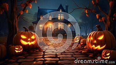 Haunted house decorated with spooky jack o'lantern carved pumkins and scarry tree. Cartoon Illustration