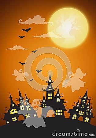 haunted house and full moon with ghost,Halloween night background.Vector illustration. Vector Illustration