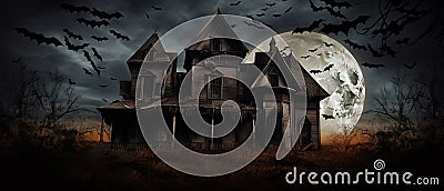 haunted house with ghosts and bats flying around it halloween scene Stock Photo