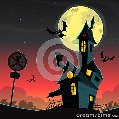 Haunted house on night background with a full moon behind. Vector Halloween background Vector Illustration