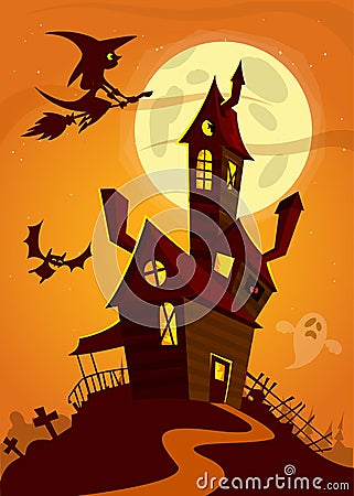 Haunted house on night background with a full moon behind. Vector Halloween background Vector Illustration