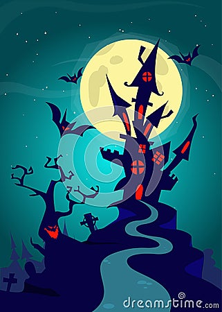 Haunted house on night background with a full moon behind. Vector Halloween background template Vector Illustration