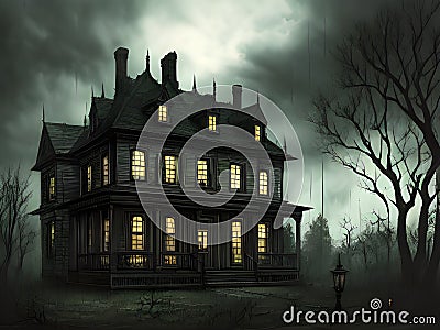 Haunted house. Old abandoned house in the night forest. Scary colonial cottage in mysterious forestland Stock Photo