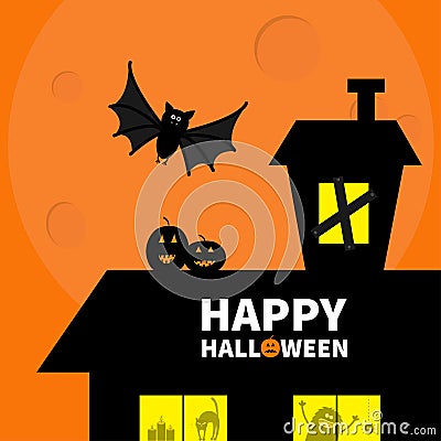 Haunted house roof attic loft. Light on boarded-up windows. Cat arch back. Flying bat. Monster spider Pumpkin Candle. Happy Hallow Vector Illustration