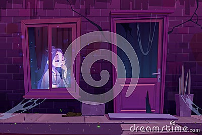 Haunted house with sad ghost sit behind of window Vector Illustration