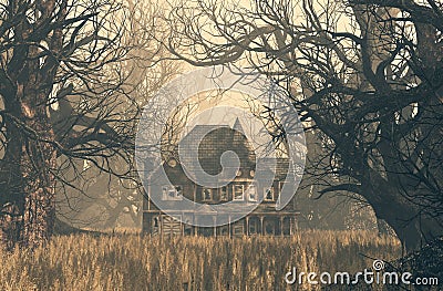 Haunted house scene in creepy forest Cartoon Illustration