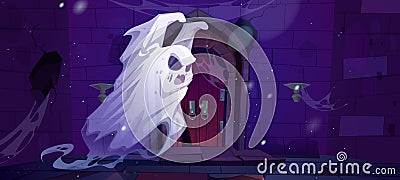 Haunted old broken castle with ghost Cartoon Illustration