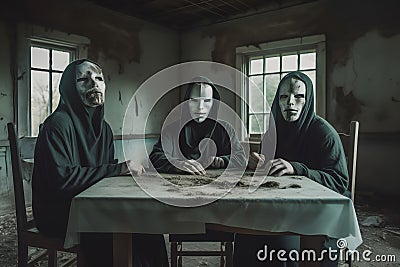 Haunted old castle with ghost family. Neural network AI generated Stock Photo