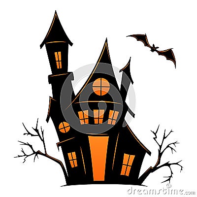 Haunted old house for Halloween. Vector silhouette of scary old house. Mystical spooky house with monsters and ghost. Black Vector Illustration