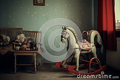 Haunted rocking horse moving on its own in a child's room Stock Photo