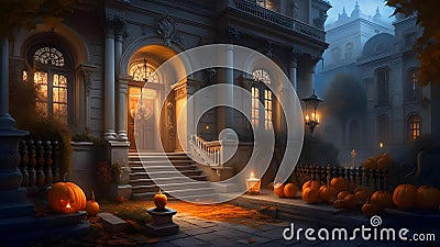 The haunted Victorian mansion, with candlelight flickering in every window, exudes a mysterious and enigmatic aura. A Halloween Stock Photo