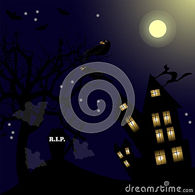 Haunted witch house with black cat, ravens and moon Vector Illustration