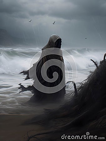 A haunting carving of a shrouded figure emerging from a stormy sea crawling onto a desolate shore. Gothic art. AI Stock Photo