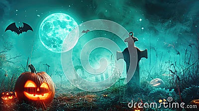 A haunting graveyard silhouette adorned with spooky pumpkins under the eerie glow of moonlight, Setting the scene for a chilling Stock Photo