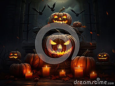 Haunting Halloween background with spooky Jack o Lanterns Stock Photo