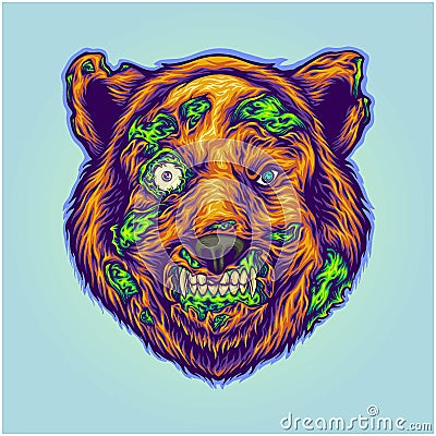 Haunting horror creepy bear head zombie monster Vector Illustration