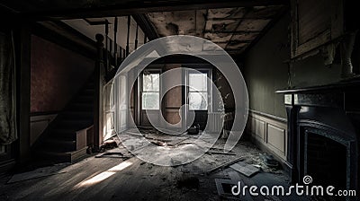 Abandoned apartment living room after a house fire Stock Photo