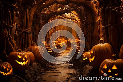 Haunting Pumpkin forest halloween scary. Generate Ai Stock Photo