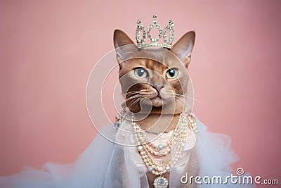 Havana Brown Cat Dressed As A Princess On Blush Color Background Stock Photo