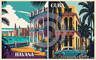 Havana, Cuba, Caribbean Travel Destination Posters Vector Illustration