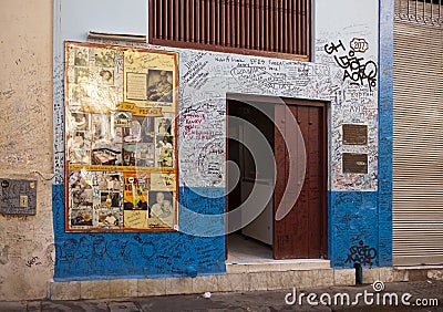 HAVANA, CUBA - JANUARY 27, 2013: Restaurant Bodeguita del Medio. Poster with autographs about an entrance. This restaurant was fa Editorial Stock Photo