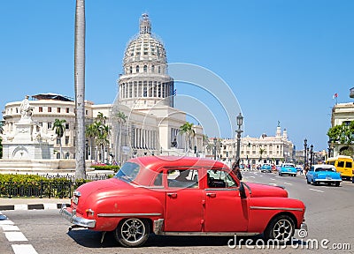 Classic car next to the Capitol building in Old Havana Editorial Stock Photo