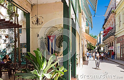 View of the pedestrian zone with tourists in the old town from Havana City iCuba - Serie Cuba Reportage Editorial Stock Photo