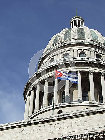 Havana's Capitol dome, and cuban flag Stock Photo