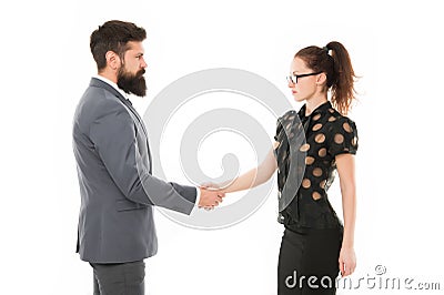We have a deal. partnership in business. man and woman shaking hands. bearded man and sexy woman. Business couple Stock Photo