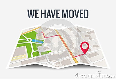 We have moved new office icon location. Address move change location announcement business home map Vector Illustration