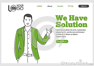 We have Solution landing page in thin line style. Vector Illustration
