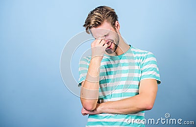 Have some doubts. Thoughtful expression. Need to think. Find solution. Hipster bearded face not sure in something Stock Photo