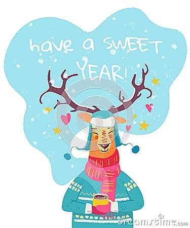 Have a sweet year Christmas card with cute reindeer character Vector Illustration