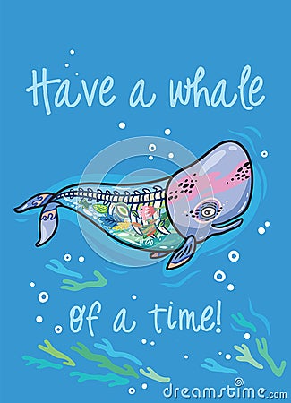 Have a whale of a time. Floral anatomy whale in cartoon style. Vector print Vector Illustration