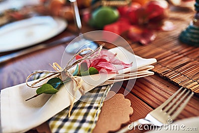 Have you got your table ready yet. a the layout of a Thanksgiving dining table. Stock Photo