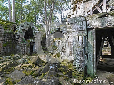 A scene from the ancient Khmer temple ruins of Ta Nei Stock Photo