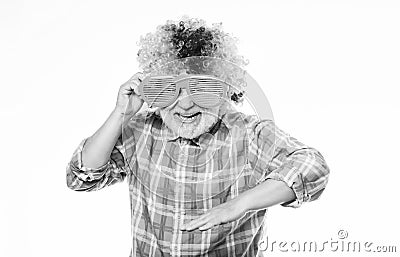 Having fun. Funny lifestyle. Fun and entertainment. Comic grandfather concept. Nice joke. Grandpa always fun. Elderly Stock Photo