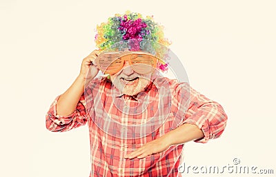 Having fun. Funny lifestyle. Fun and entertainment. Comic grandfather concept. Nice joke. Grandpa always fun. Elderly Stock Photo