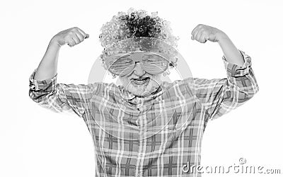 Having fun. Funny lifestyle. Fun and entertainment. Comic grandfather concept. Nice joke. Elderly clown. Man senior Stock Photo