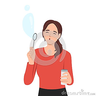 Having fun, summer, leisure concept. Positive young pretty girl standing playing with air bubbles blowing air bubble toy like Vector Illustration