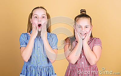 Having sister is always fun. Best friends forever. Happy childhood. Girls sisters having fun together. Adorable sisters Stock Photo