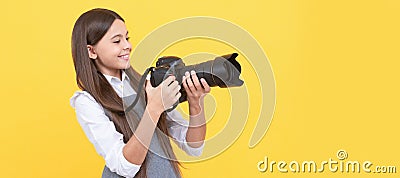 having skills. snapshot. childhood. teen girl taking photo. kid use digital camera. Child photographer with camera Stock Photo