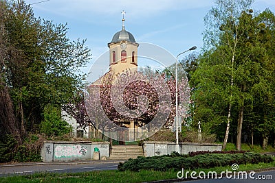 Kostel sv. Anny church of Saint Anne in Havirov at spring with blooming cherry trees Editorial Stock Photo