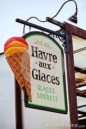 Havre aux Glaces ice cream shop sign in Montreal Editorial Stock Photo