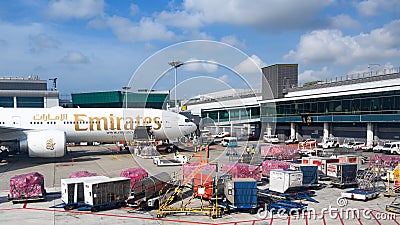 Loading of Emirates Airbus at Singapore Airport Editorial Stock Photo