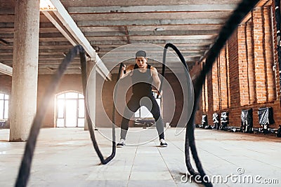 Havy rope training. rope movement. Stock Photo