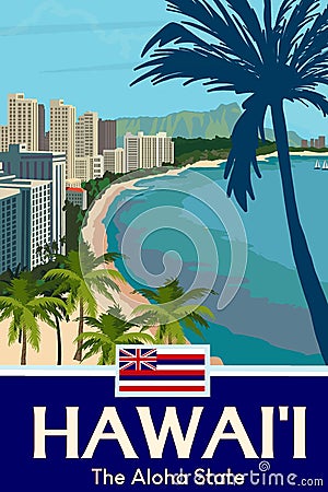 Hawaii the Aloha State travel poster with beautiful skyline beach illustration Cartoon Illustration