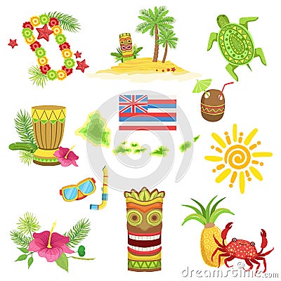 Hawaii Beach Vacation Related Set Of Objects Vector Illustration