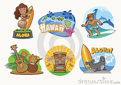 Hawaii cartoon badge design in set Vector Illustration