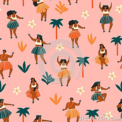 Hawaii dance seamless pattern. Women dancers playing ukulele and dancing Hula. Travel summer print. Vector Illustration